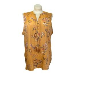 Women's XXL 2x Artesia Sleeveless Top Tank Top Yellow Floral Print Tassel Accent